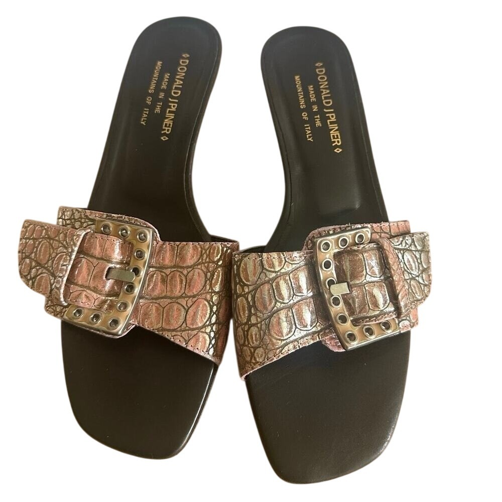 Donald J Pliner Rose Gold Croc Embossed Buckle Kitten Heel Mules Italy 7.5
